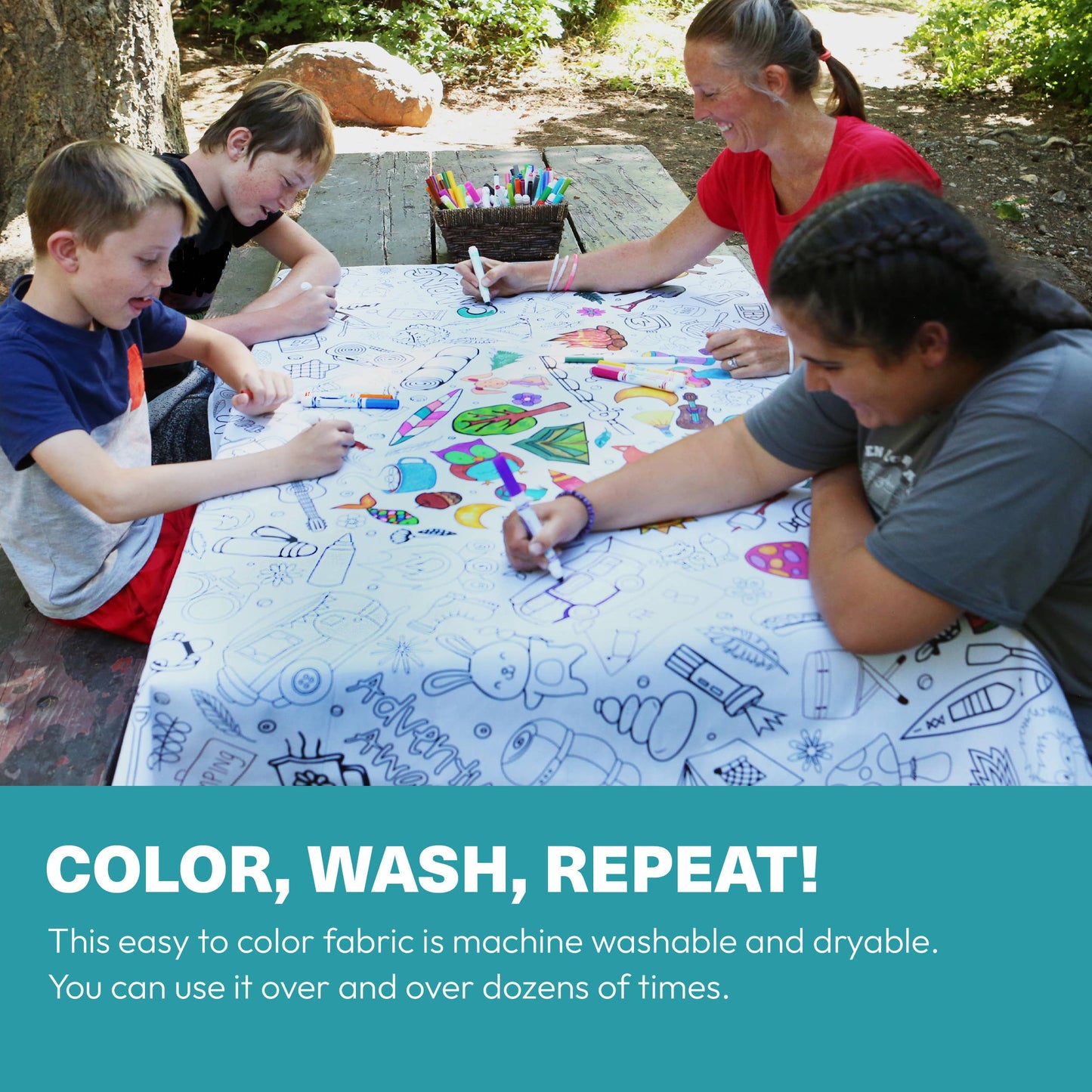 Camping Coloring Fabric Tablecloth - Wash and Reuse : 48"x60"