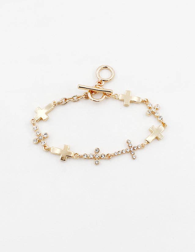 Gold Cross and Rhinestone Cross Toggle 7.5" Bracelet