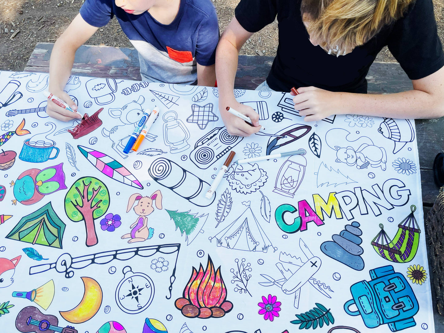 Camping Coloring Fabric Tablecloth - Wash and Reuse : 48"x60"