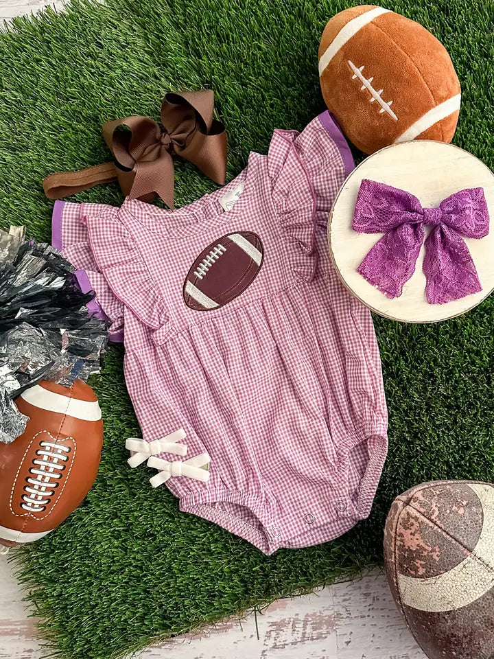 Purple Classic Gingham Football Girls Onesie