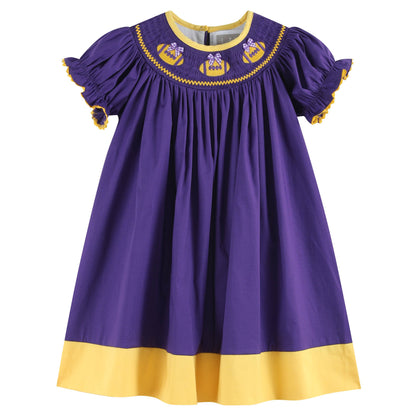 Purple and Gold Football Smocked Bishop Dress: Toddler