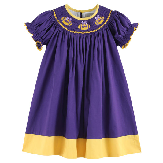 Purple and Gold Football Smocked Bishop Dress: Toddler