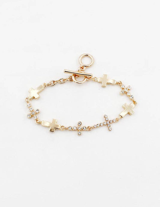 Gold Cross and Rhinestone Cross Toggle 7.5" Bracelet