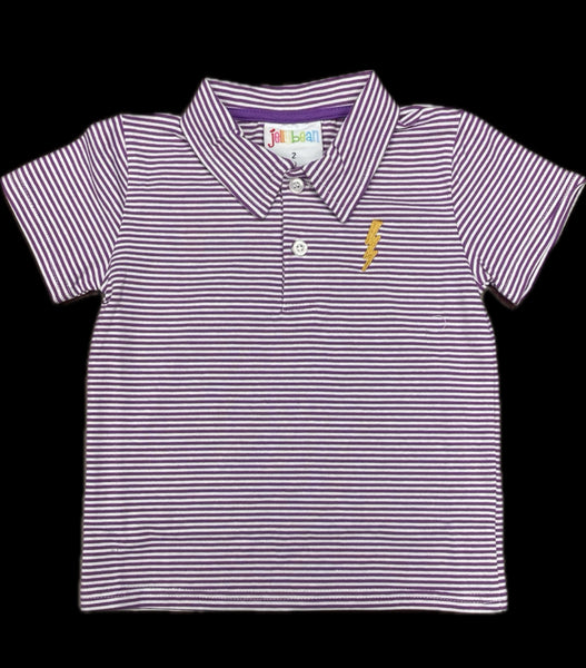 Kids Purple/White Striped Polo with Lightning Bolt