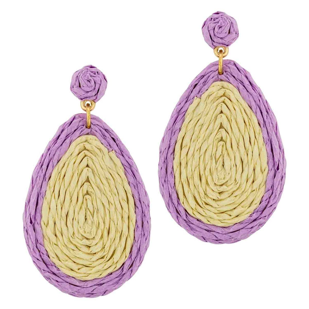 Lavender and Tan Rattan Teardrop 2" Earring