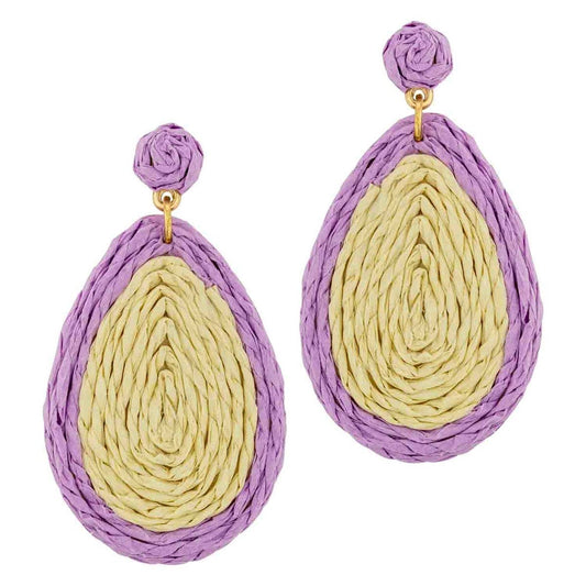Lavender and Tan Rattan Teardrop 2" Earring