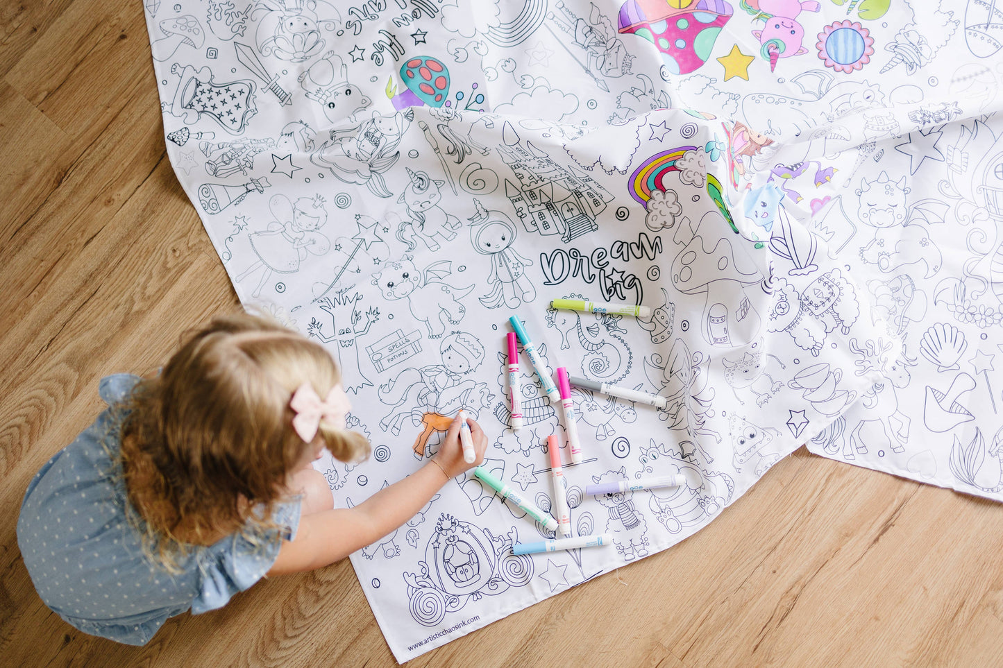 Fairytale Coloring Fabric Tablecloth - Wash and Reuse: 48"x60"