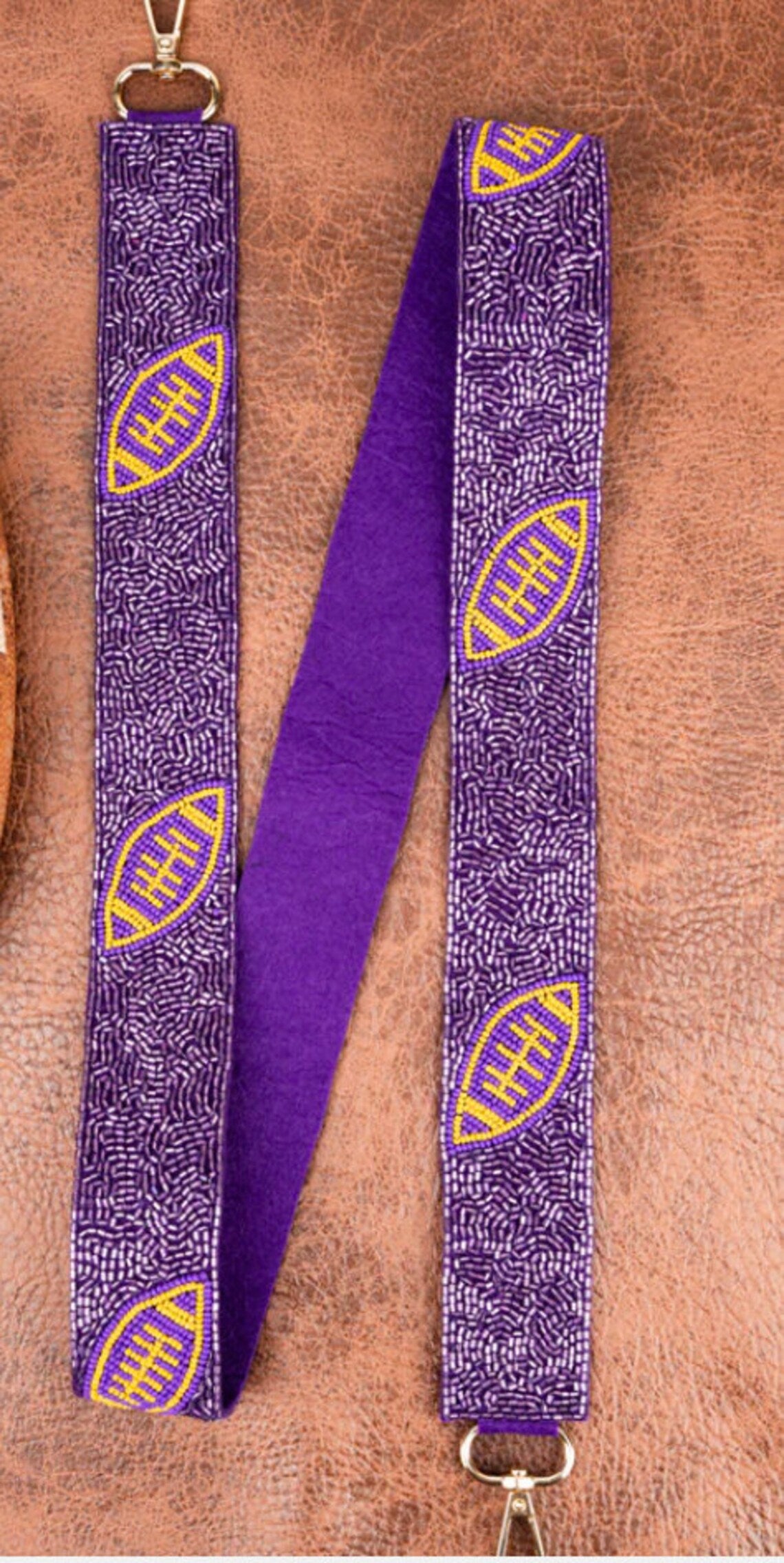 Purple Gold Football Beaded Purse Strap